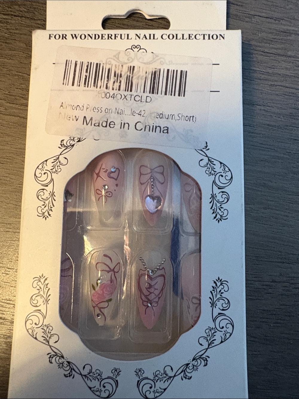 Almond Press-On Nail Set - Pink Heart & Bow Design